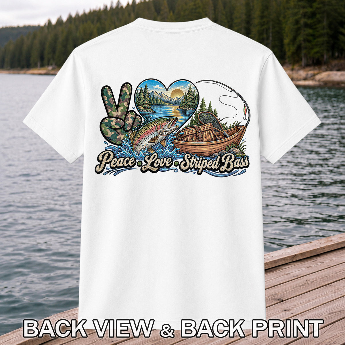 Peace Love Striped Bass Lake and Boat Fishing Graphic T-Shirt | Back Print