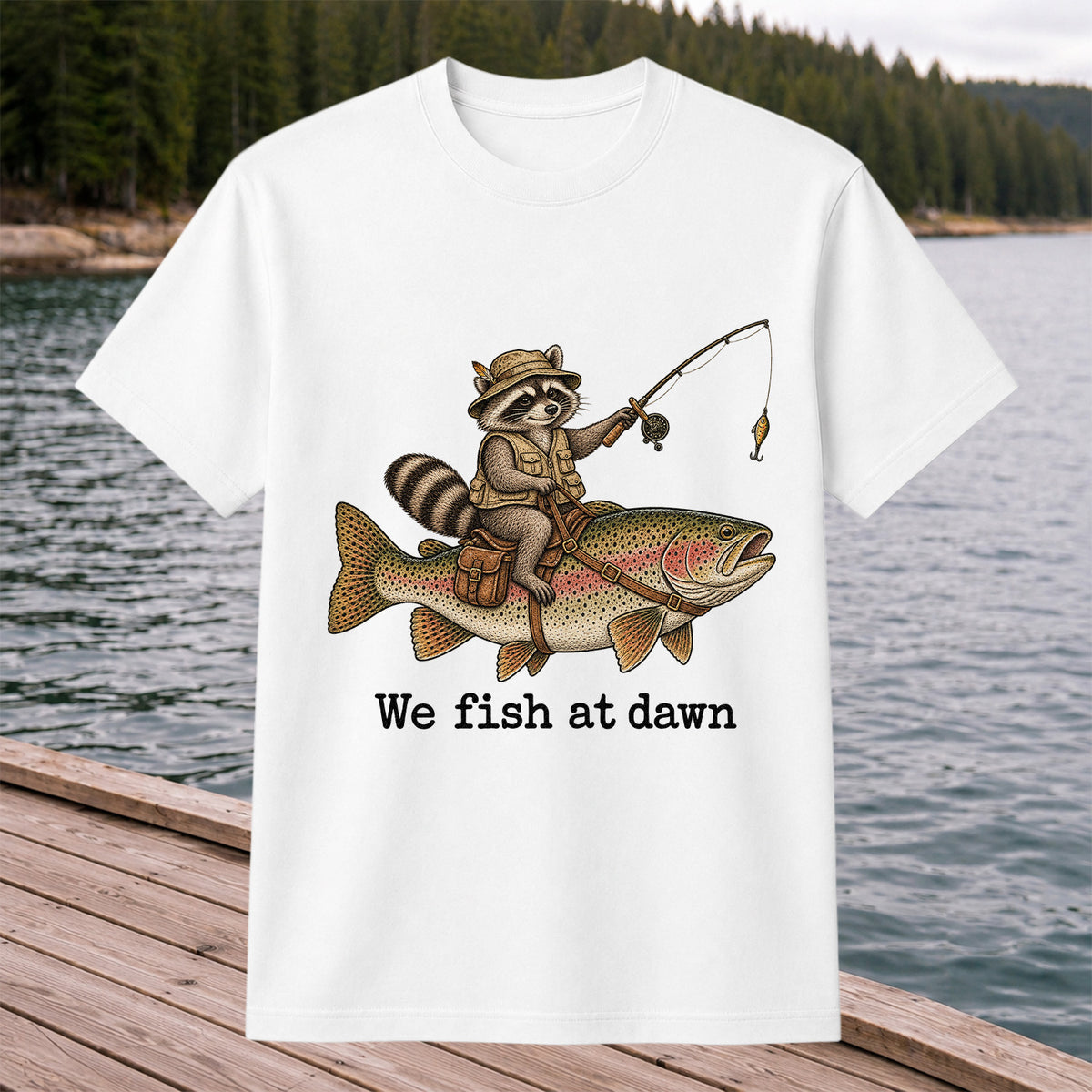 We Fish at Dawn Raccoon Riding a Rainbow Trout Fishing T-Shirt