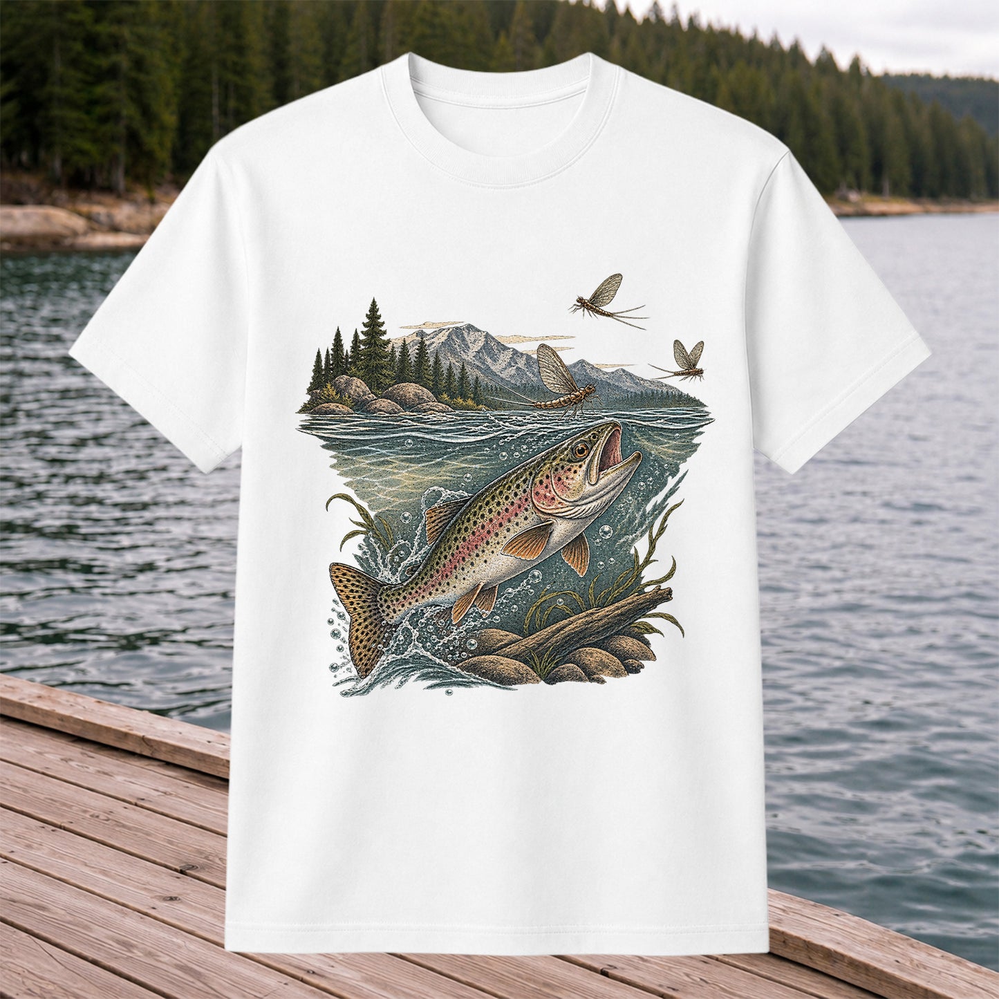 Mountain River Rainbow Trout Fly Fishing Graphic T-Shirt