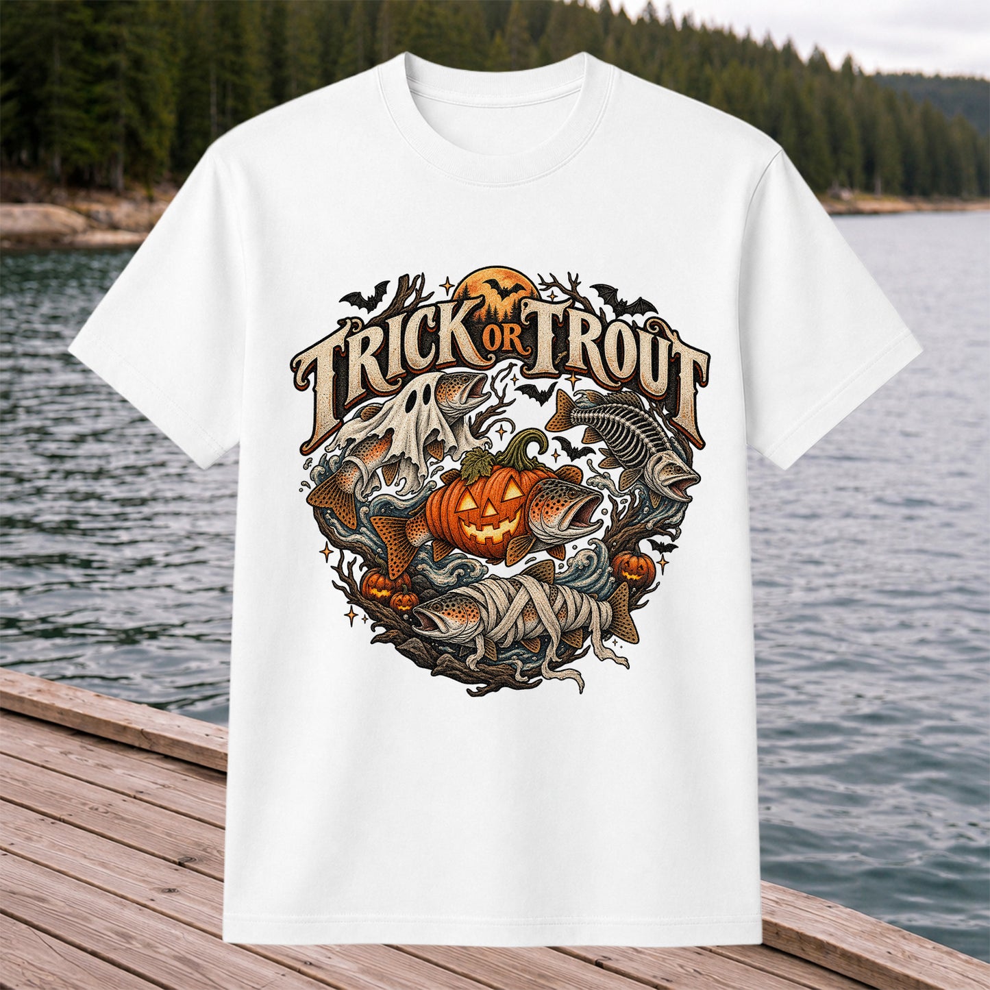Trick or Trout Haunted Fish Halloween Fishing T-Shirt