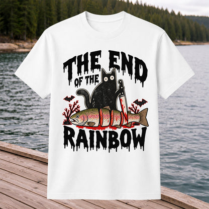 The End of the Rainbow Black Cat and Rainbow Trout Halloween Fishing T-Shirt
