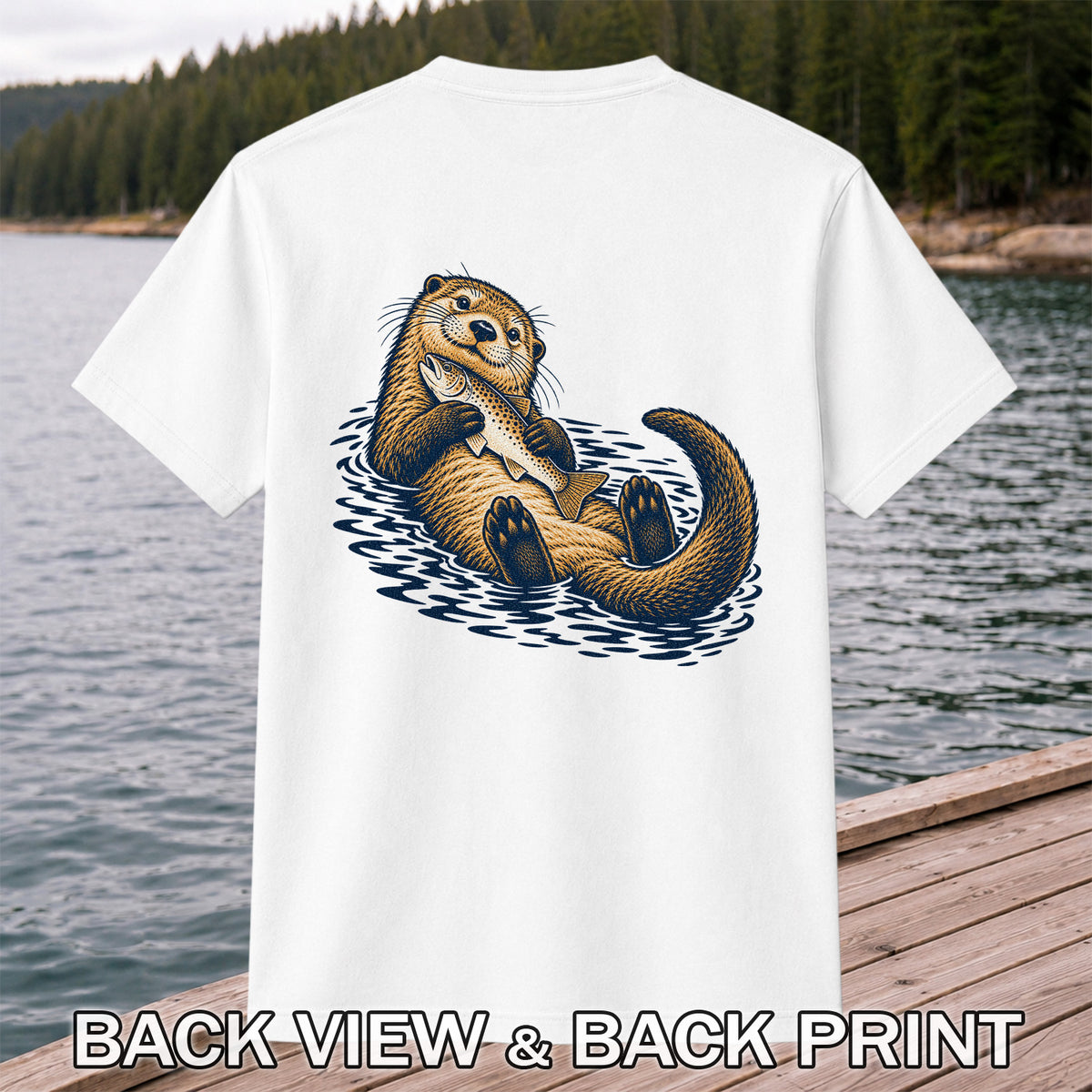Cute Otter Holding Fish Hand Drawn Fishing Graphic T-Shirt | Back Print