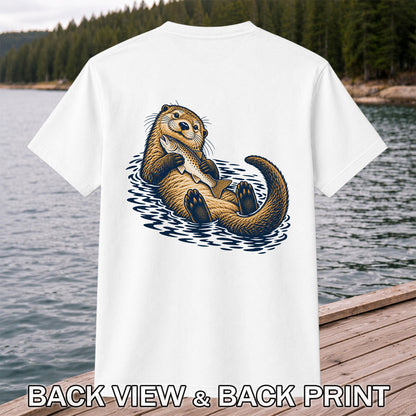 Cute Otter Holding Fish Hand Drawn Fishing Graphic T-Shirt | Back Print