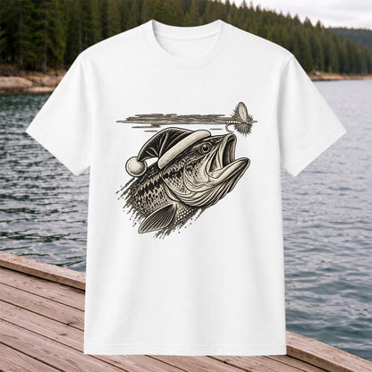 Santa Hat Bass Chasing a Fishing Fly Graphic T-Shirt