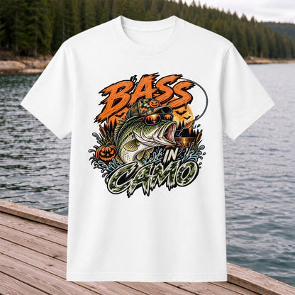 Bass in Camo Halloween Pumpkin Bass Fishing Graphic T-Shirt