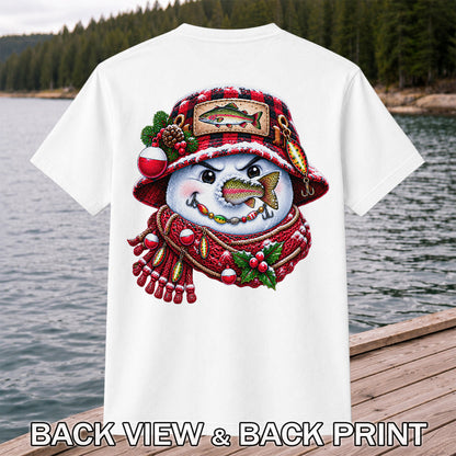Christmas Snowman Trout Fishing Graphic T-Shirt | Back Print