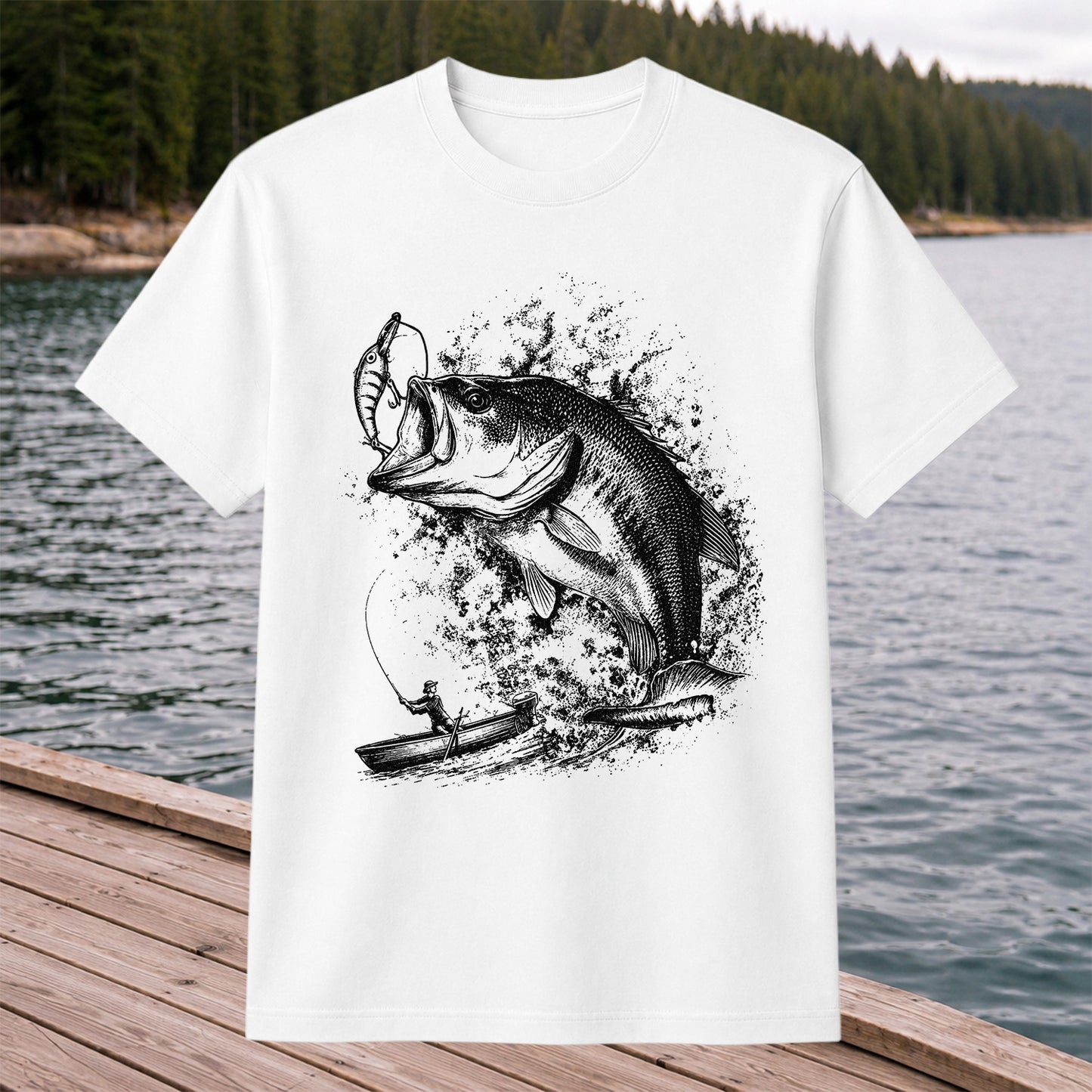 Largemouth Bass Striking Lure from Fishing Boat Graphic T-Shirt