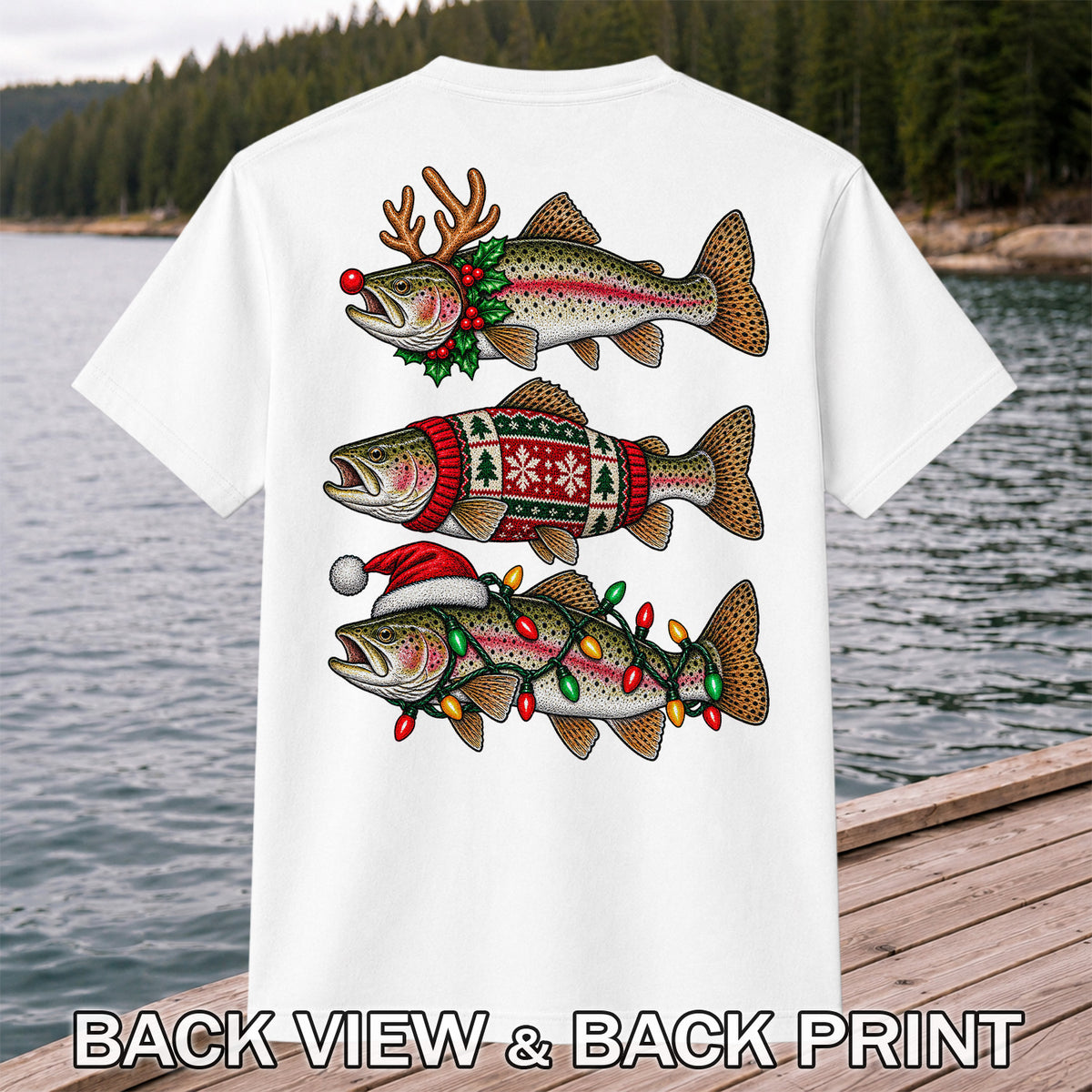 Christmas Trout Antlers Sweater and Lights Fishing T-Shirt | Back Print