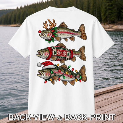 Christmas Trout Antlers Sweater and Lights Fishing T-Shirt | Back Print