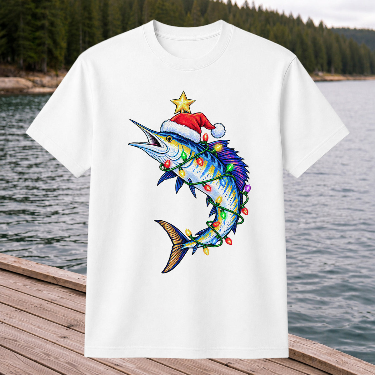 Christmas Marlin Wrapped in Lights Fishing T-Shirt
