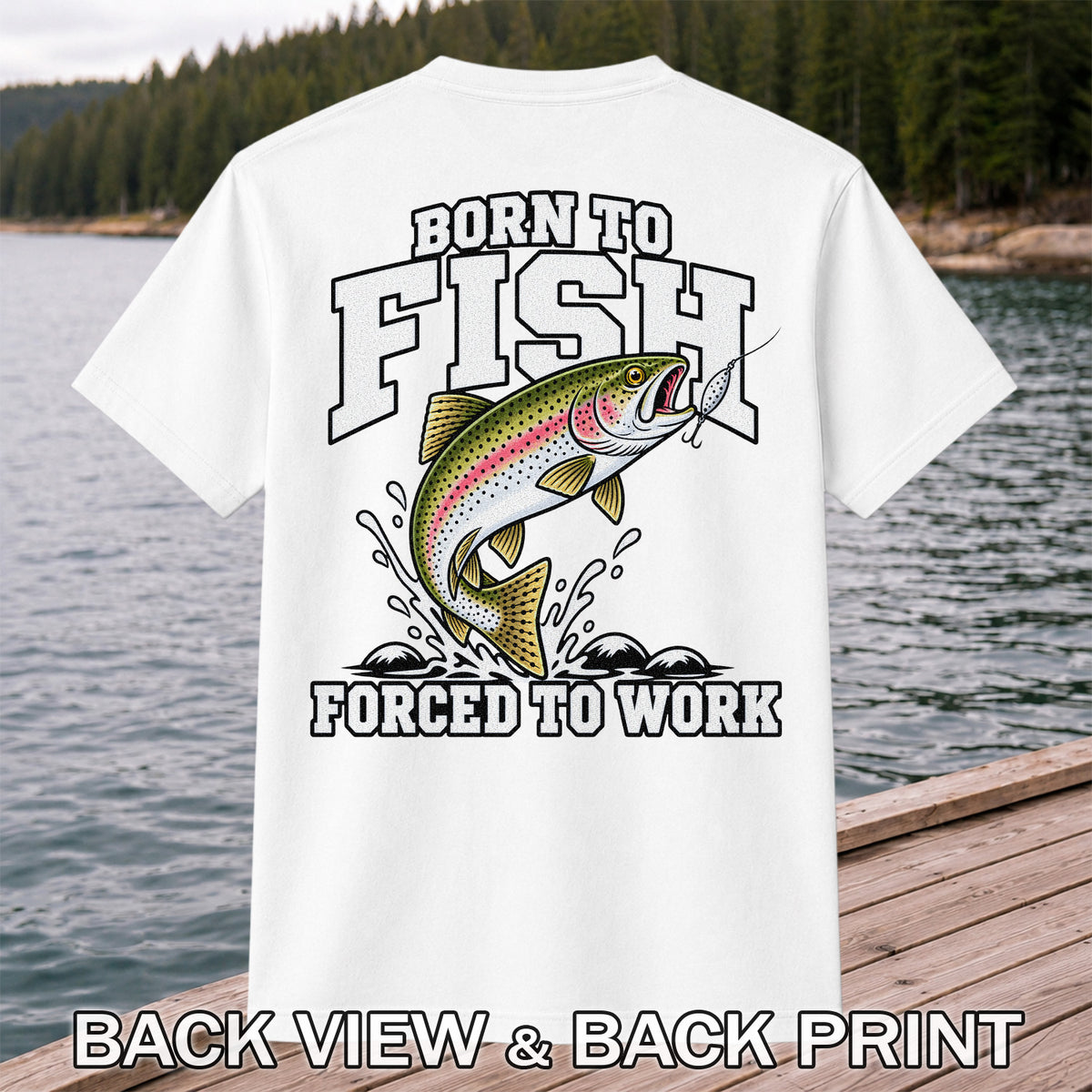 Born to Fish Forced to Work Rainbow Trout Fishing T-Shirt | Back Print