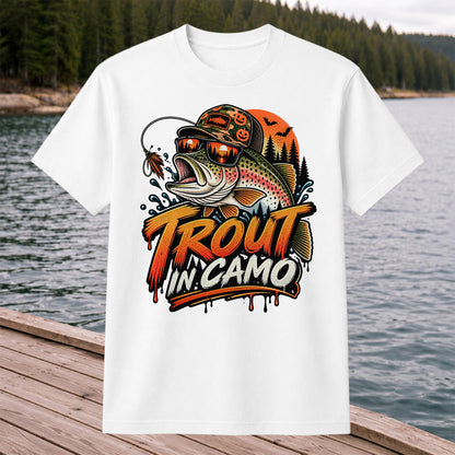 Trout in Camo Halloween Rainbow Trout Fishing Graphic T-Shirt