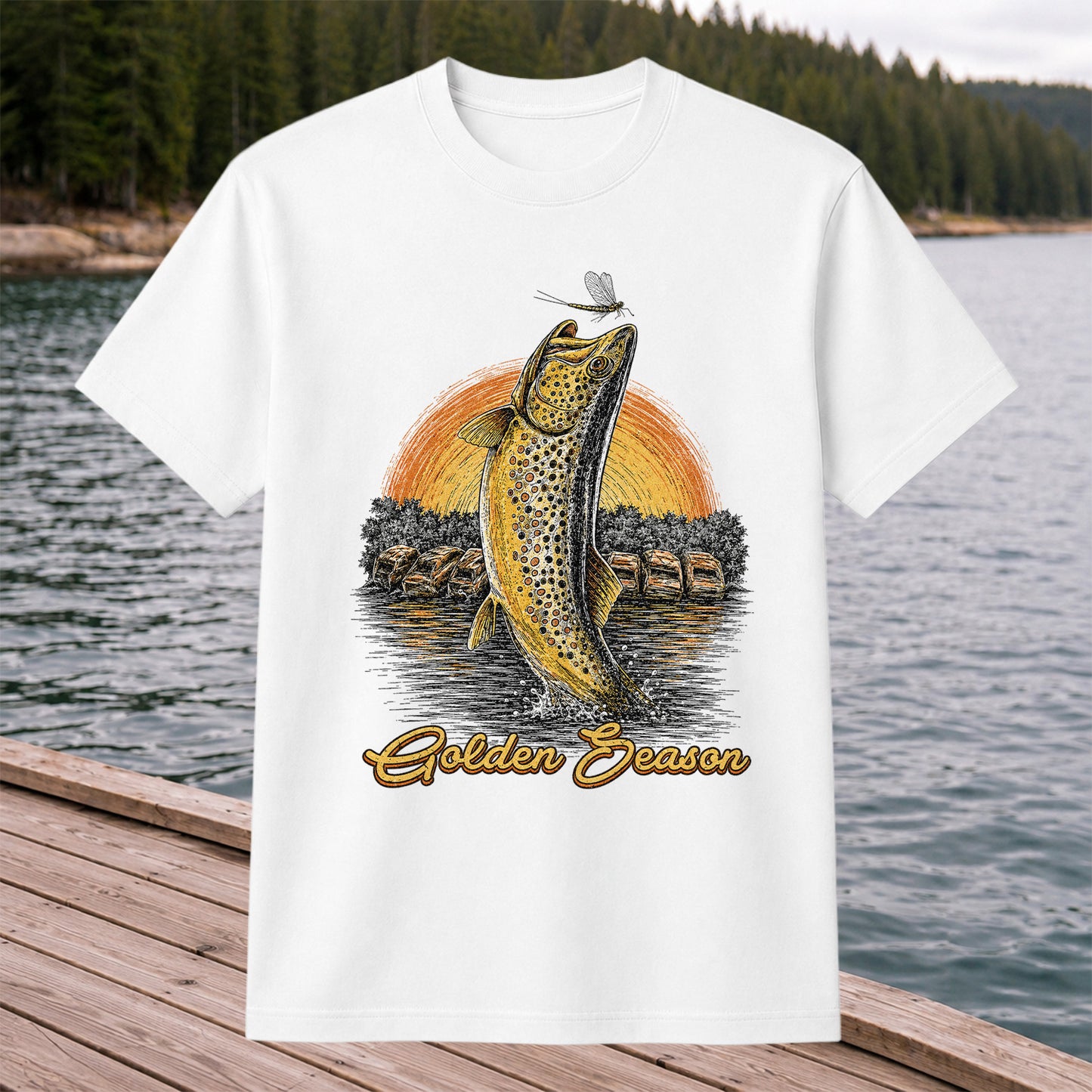 Golden Season Jumping Trout Sunset Fishing Graphic T-Shirt