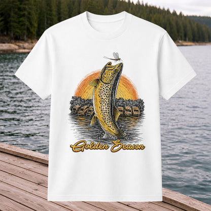 Golden Season Jumping Trout Sunset Fishing Graphic T-Shirt