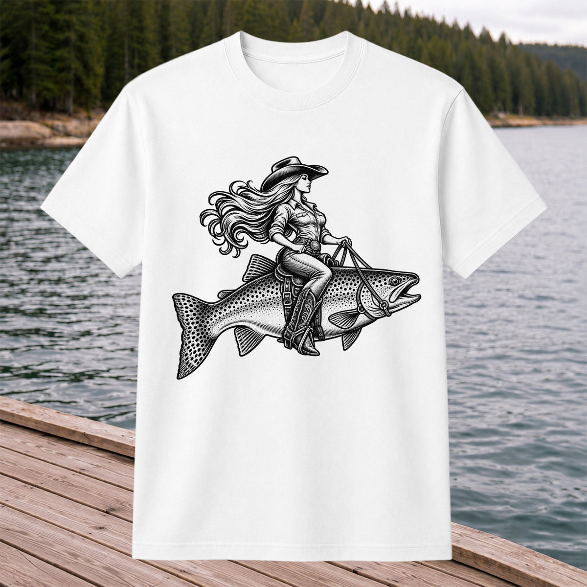 Cowgirl Riding a Trout Western Fishing Graphic T-Shirt