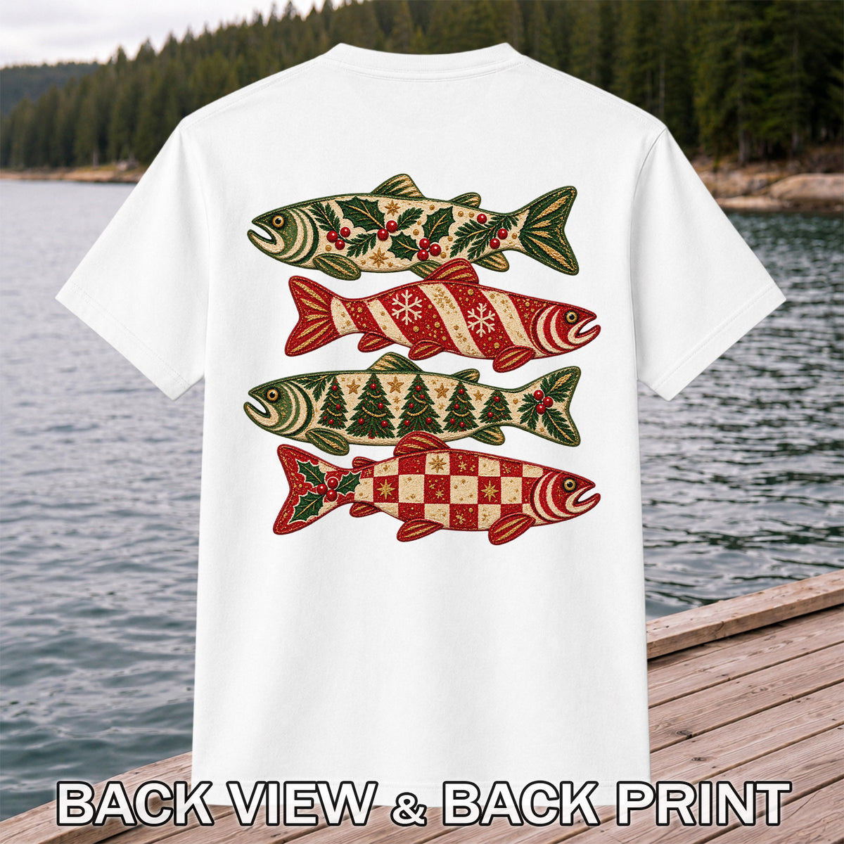Christmas Trout Holiday Pattern Fishing Graphic T-Shirt | Back Print