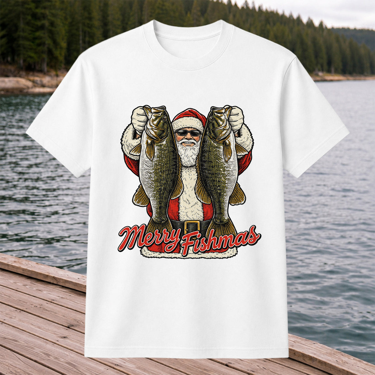 Santa Holding Bass Christmas Fishing Graphic T-Shirt