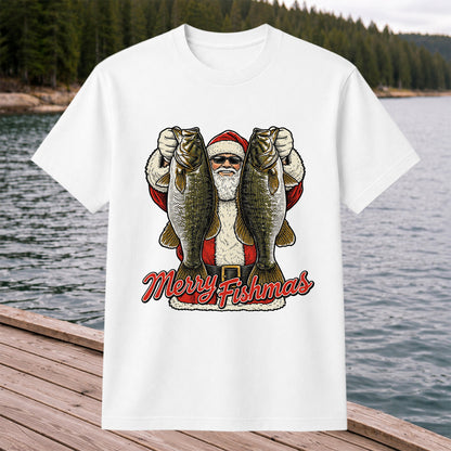 Santa Holding Bass Christmas Fishing Graphic T-Shirt