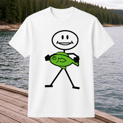 Happy Stick Figure Holding a Green Fish Graphic T-Shirt