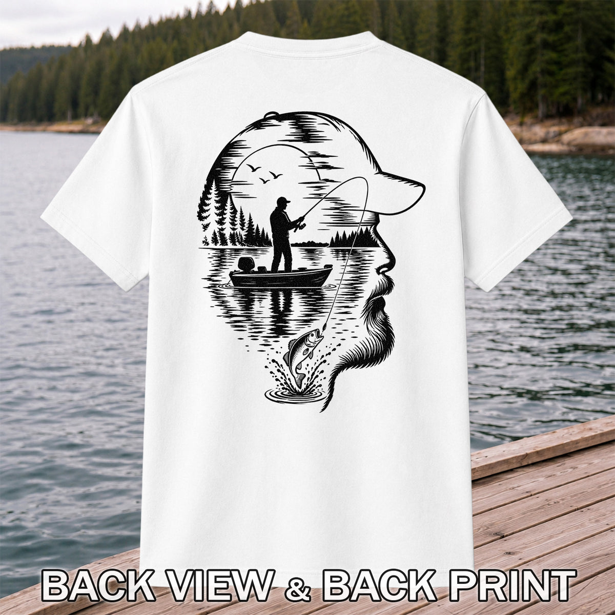 Bearded Angler Silhouette with Lake Fishing Scene Graphic T-Shirt | Back Print