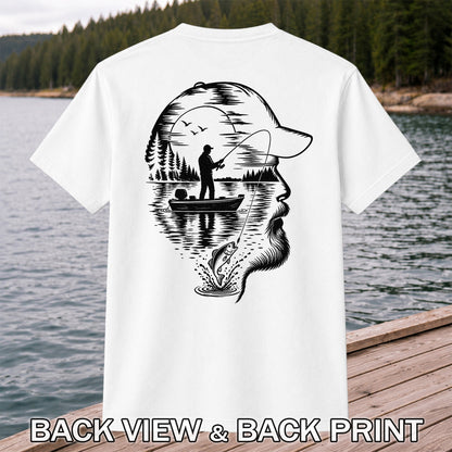Bearded Angler Silhouette with Lake Fishing Scene Graphic T-Shirt | Back Print