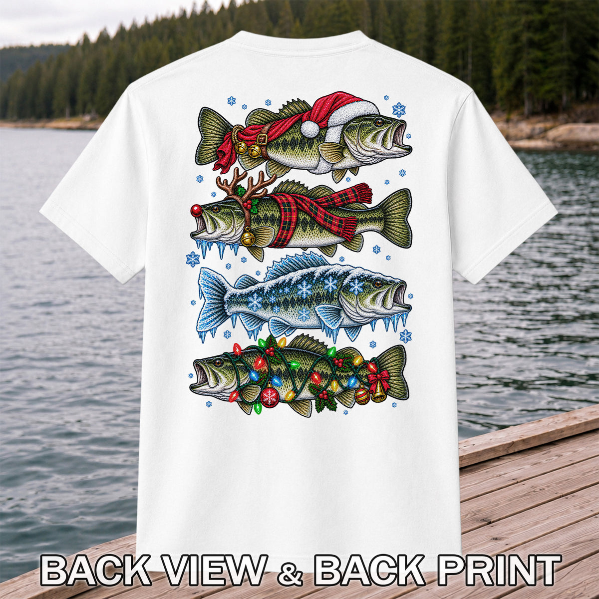 Christmas Bass with Santa Hat and Holiday Lights Fishing T-Shirt | Back Print