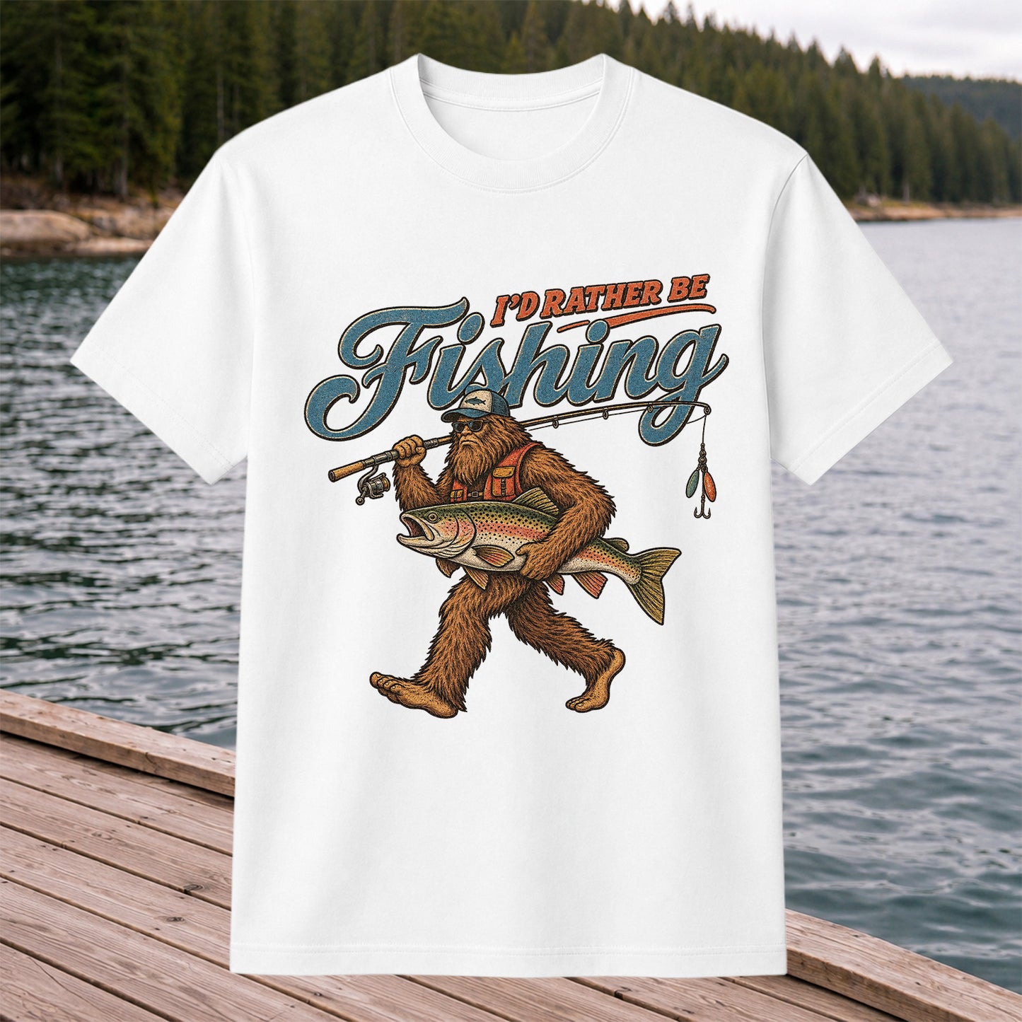 I'd Rather Be Fishing Bigfoot Trout Graphic T-Shirt