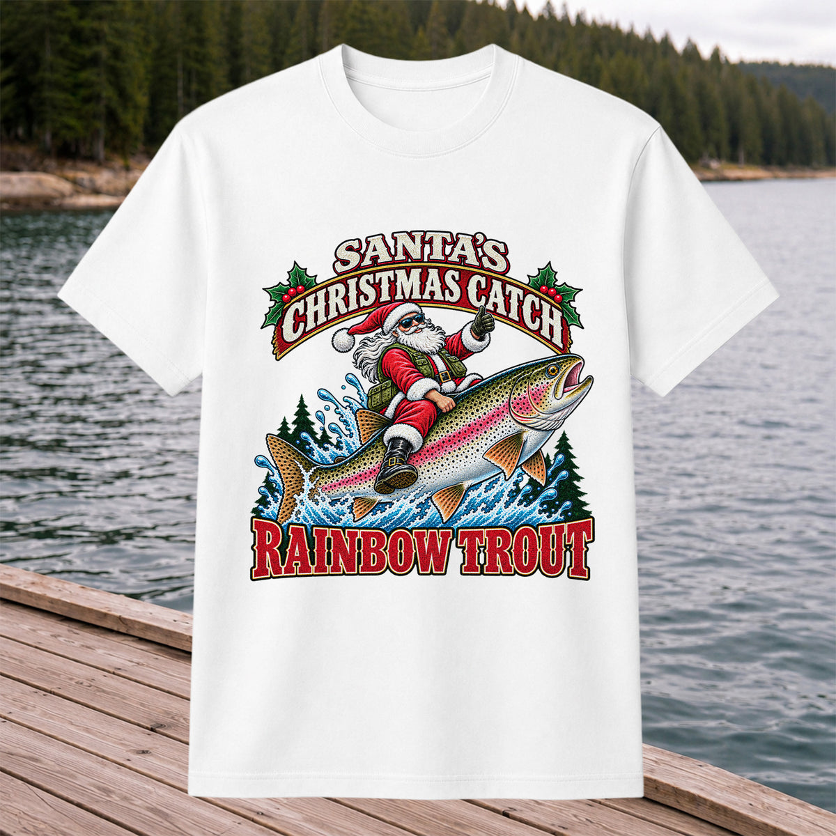 Santa's Christmas Catch Rainbow Trout Fishing T-Shirt