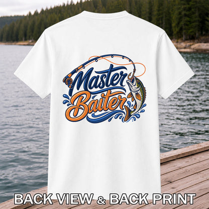 Master Baiter Funny Fishing Rod and Jumping Fish T-Shirt | Back Print