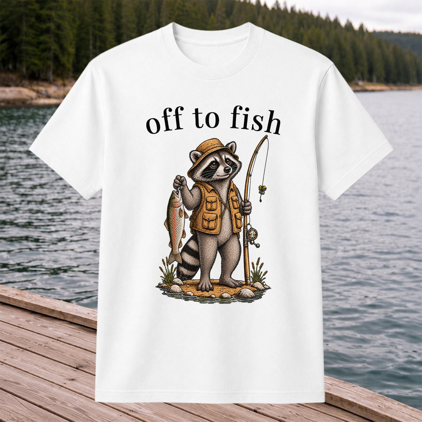 Off to Fish Raccoon Angler Funny Fishing T-Shirt
