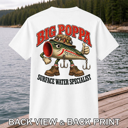 Big Poppa Surface Water Specialist Fishing Lure Graphic T-Shirt | Back Print
