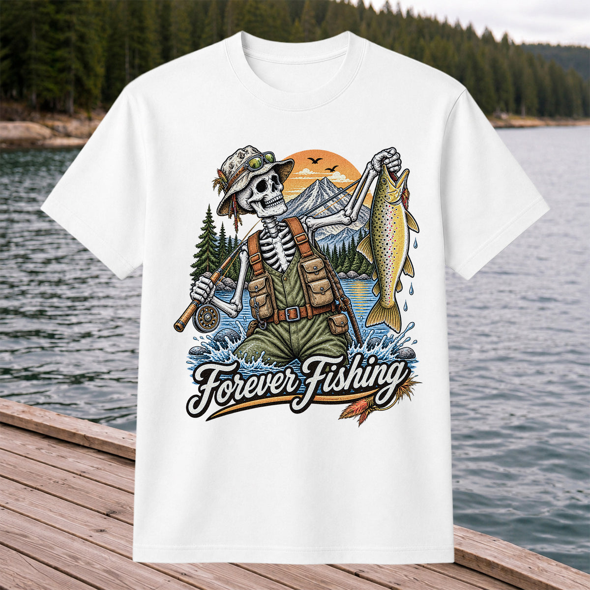 Forever Fishing Skeleton Angler Holding Brown Trout Graphic T-Shirt