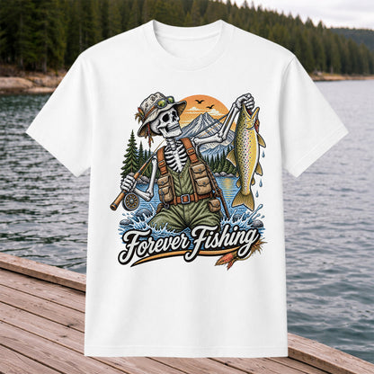 Forever Fishing Skeleton Angler Holding Brown Trout Graphic T-Shirt