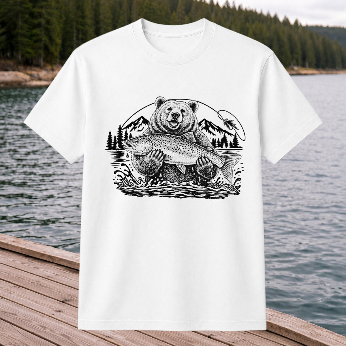 Bear Holding Trout in Mountain Lake Fishing Graphic T-Shirt