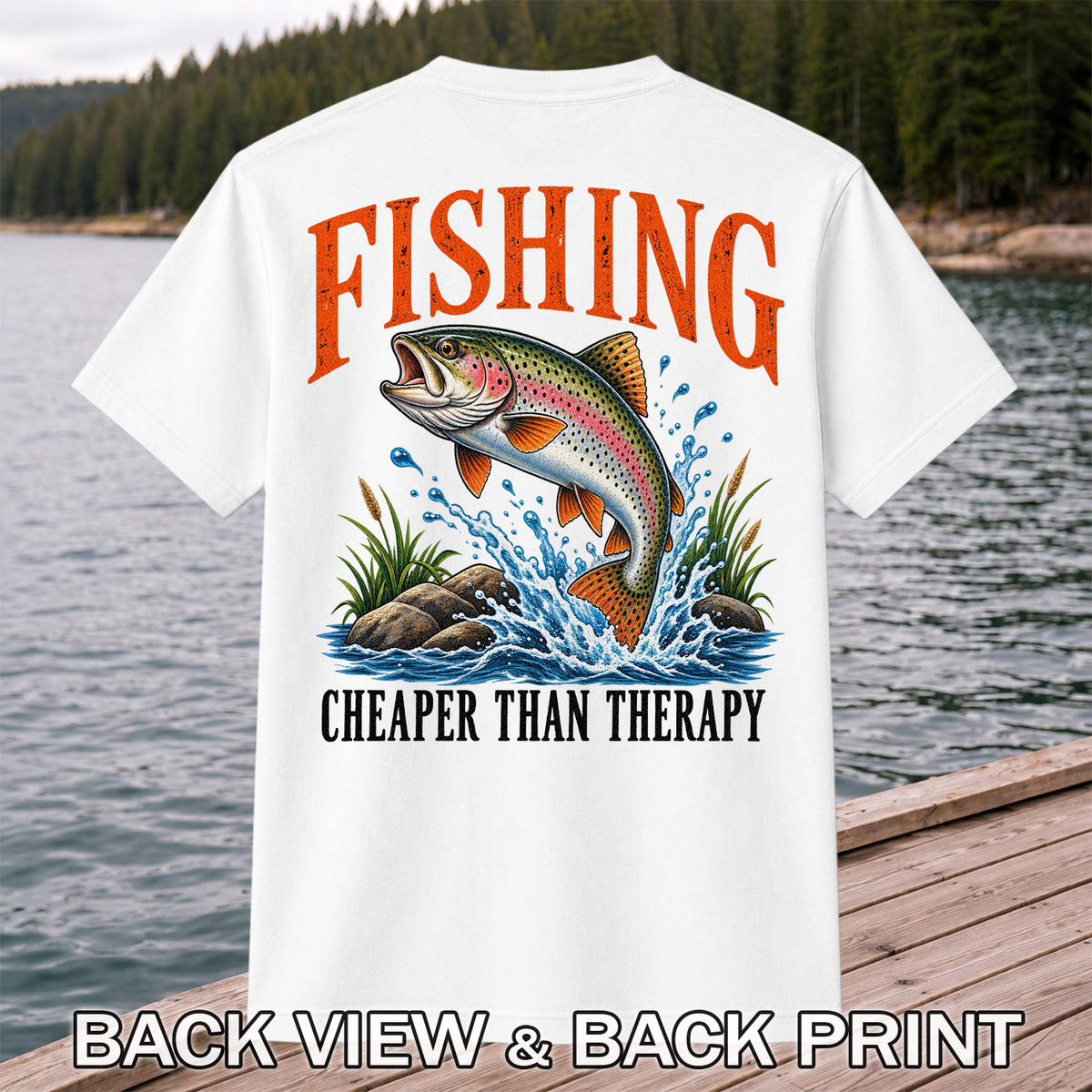 Fishing Cheaper Than Therapy Rainbow Trout Funny T-Shirt | Back Print