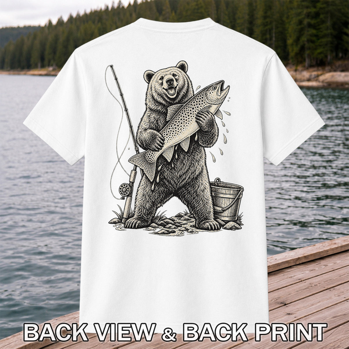 Bear Holding Trout Fishing Graphic T-Shirt | Back Print