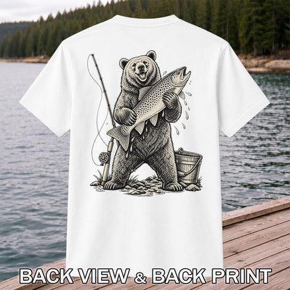 Bear Holding Trout Fishing Graphic T-Shirt | Back Print