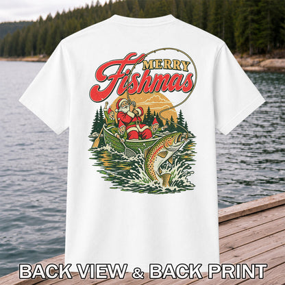 Merry Fishmas Santa and Elves Trout Fishing Christmas T-Shirt | Back Print