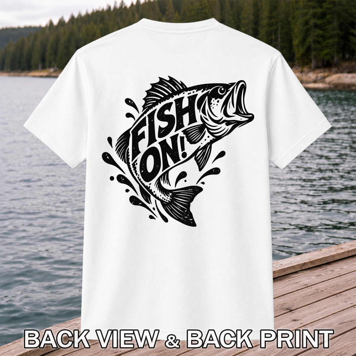 Fish On! Jumping Bass Fishing Distressed Graphic T-Shirt | Back Print