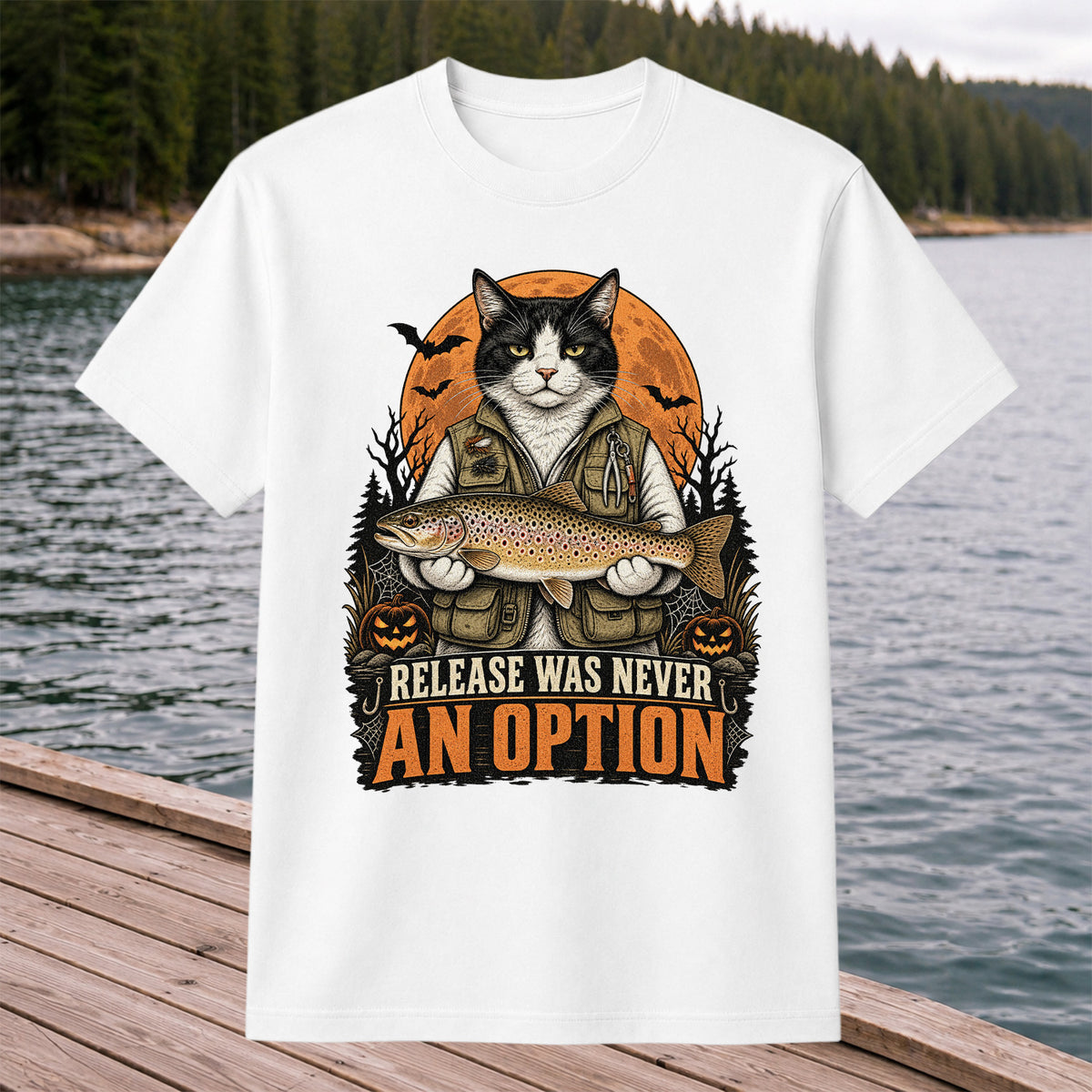 Release Was Never an Option Cat Holding Brown Trout Halloween Fishing T-Shirt