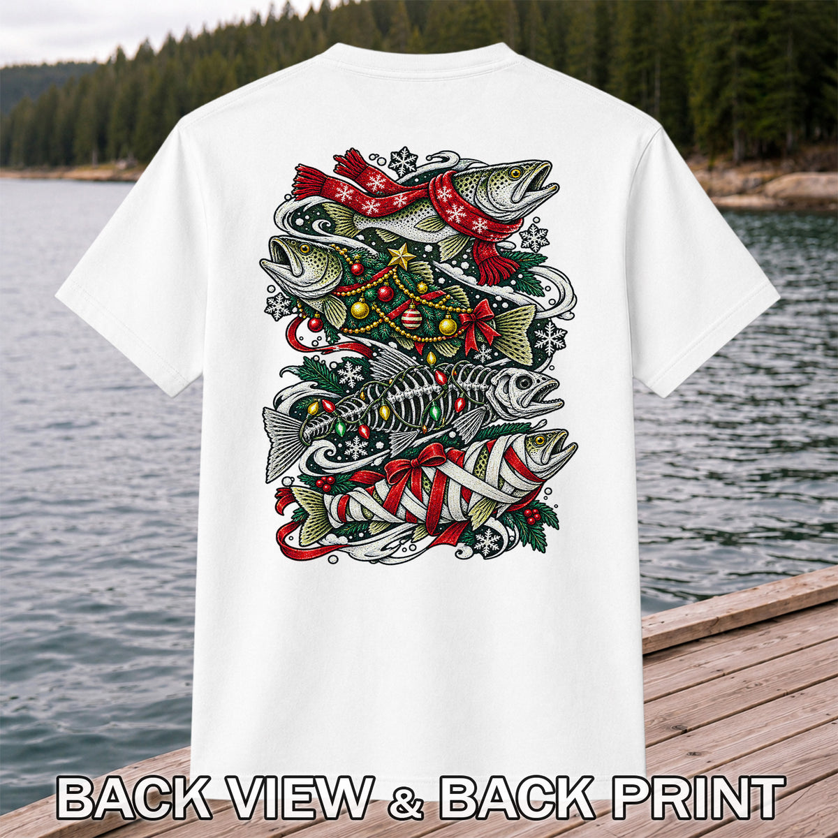 Christmas Trout and Fish Skeleton Holiday Fishing T-Shirt | Back Print