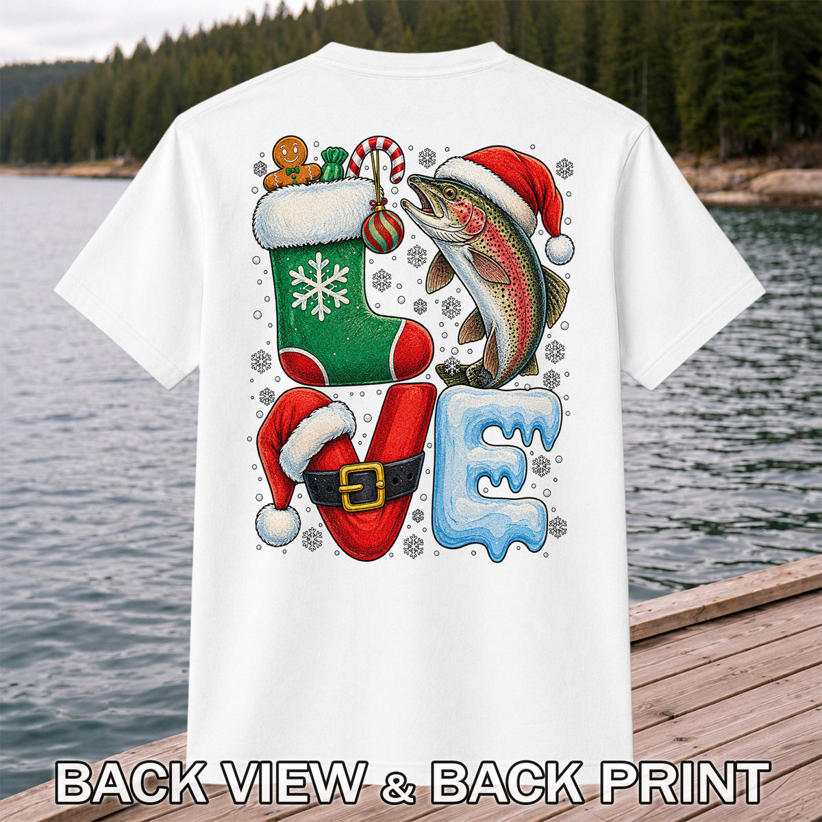 LOVE Christmas Rainbow Trout Fishing Graphic T-Shirt | Back Print
