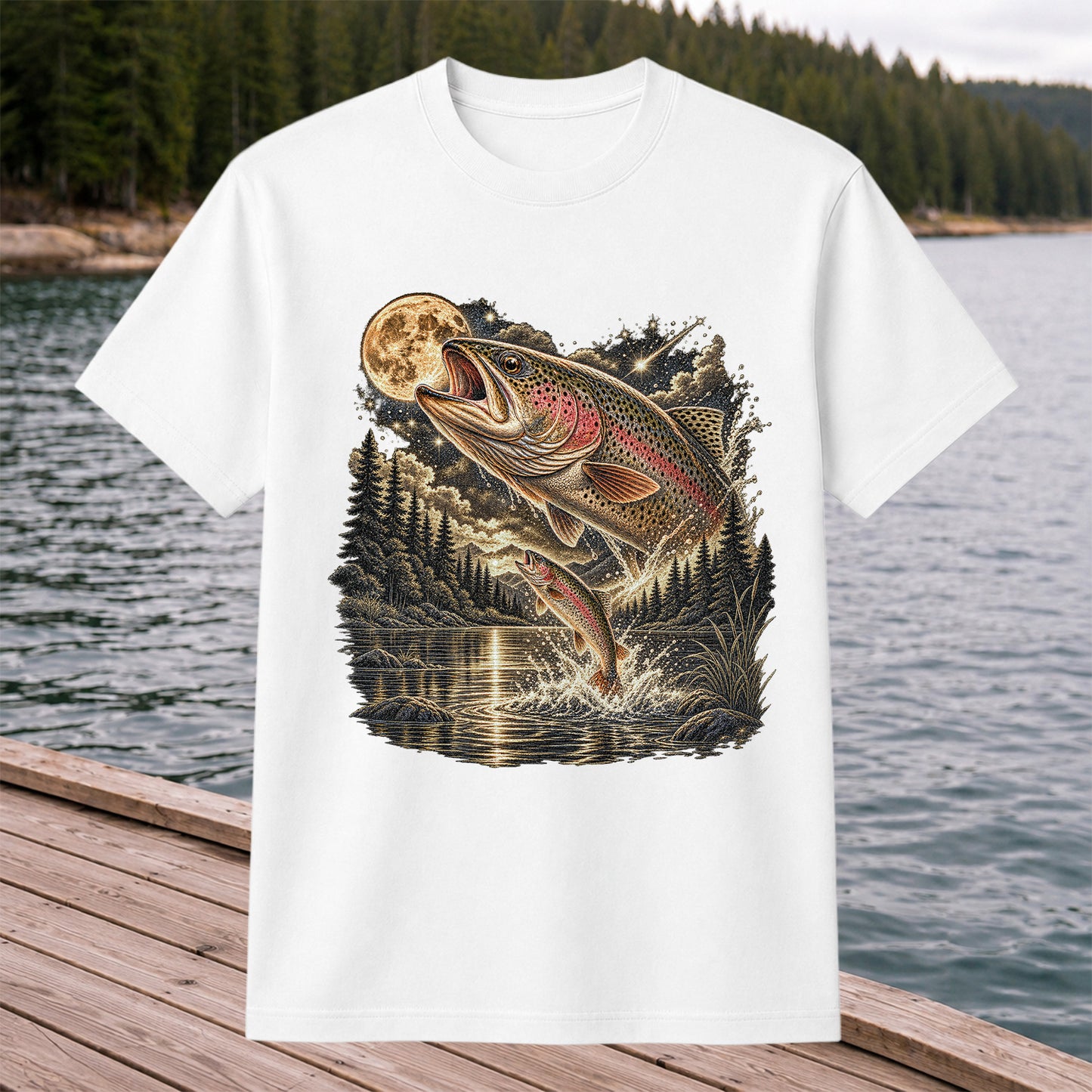 Moonlit Rainbow Trout Jumping from Mountain Lake Graphic T-Shirt