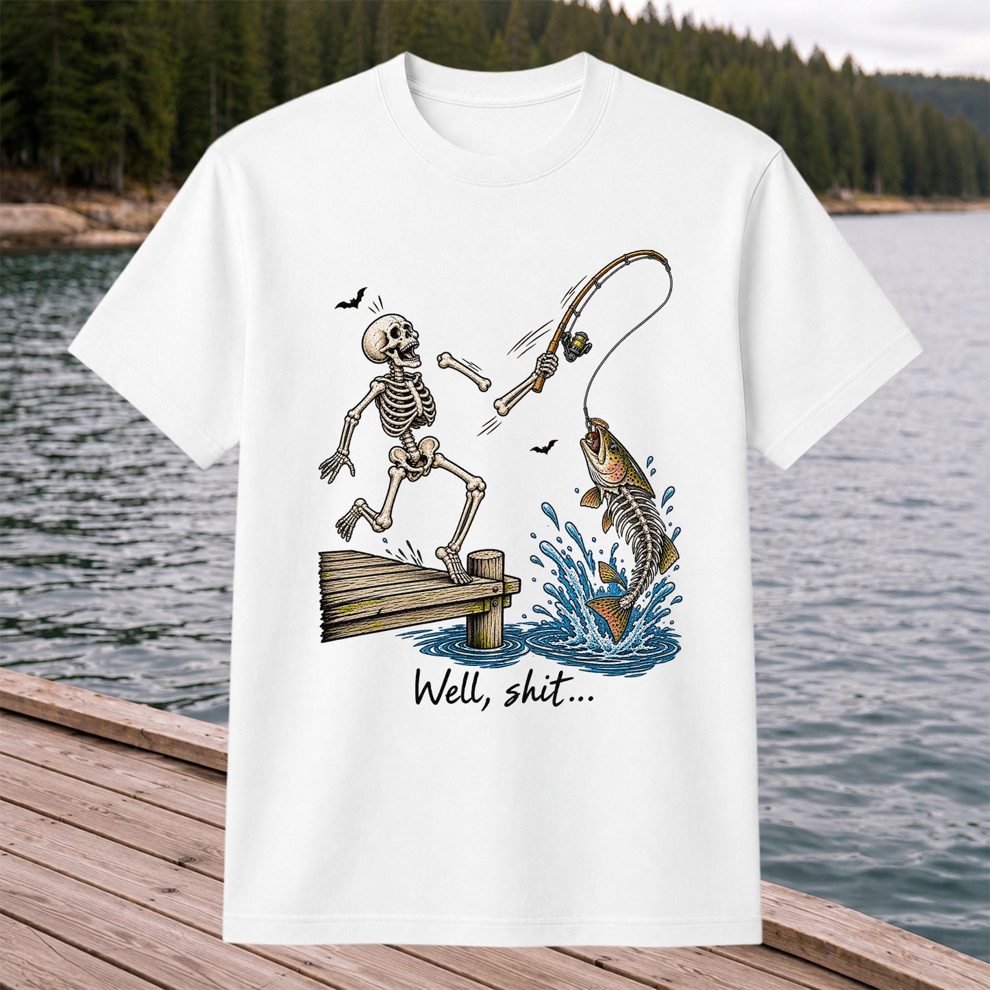 Well, Shit Skeleton Fishing Funny Graphic T-Shirt