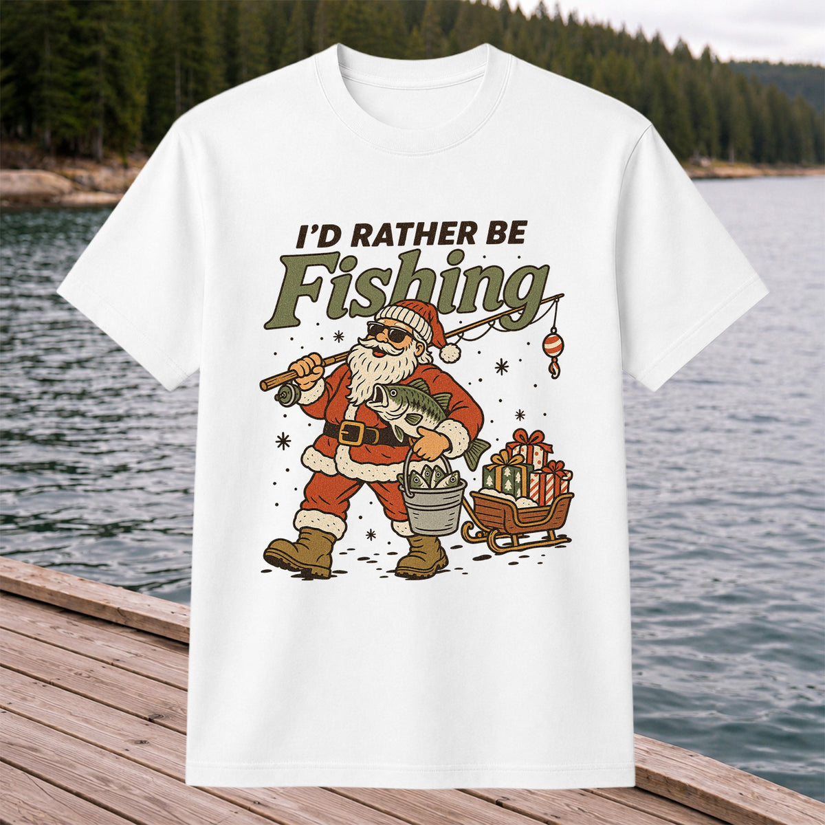 Santa Claus Fishing with Bass Christmas T-Shirt