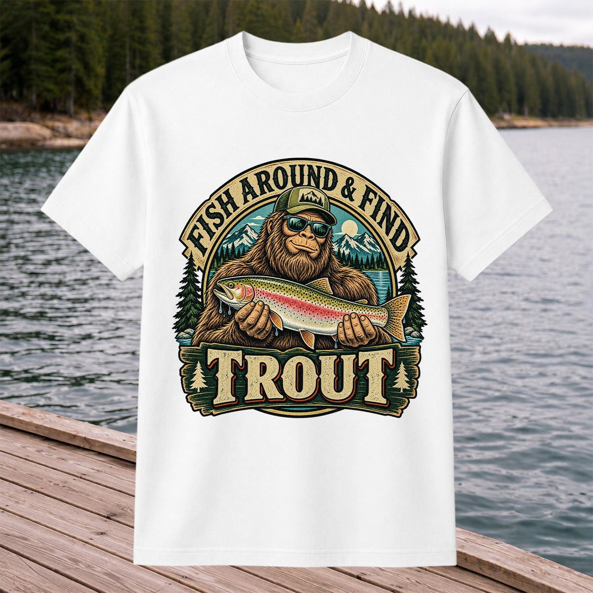 Fish Around & Find Trout Bigfoot Rainbow Trout Fishing T-Shirt