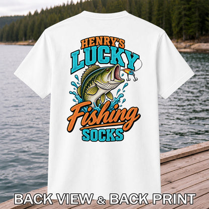 Henry's Lucky Fishing Socks Jumping Bass Graphic T-Shirt | Back Print