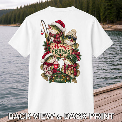 Merry Fishmas Bass Christmas Fishing Graphic T-Shirt | Back Print