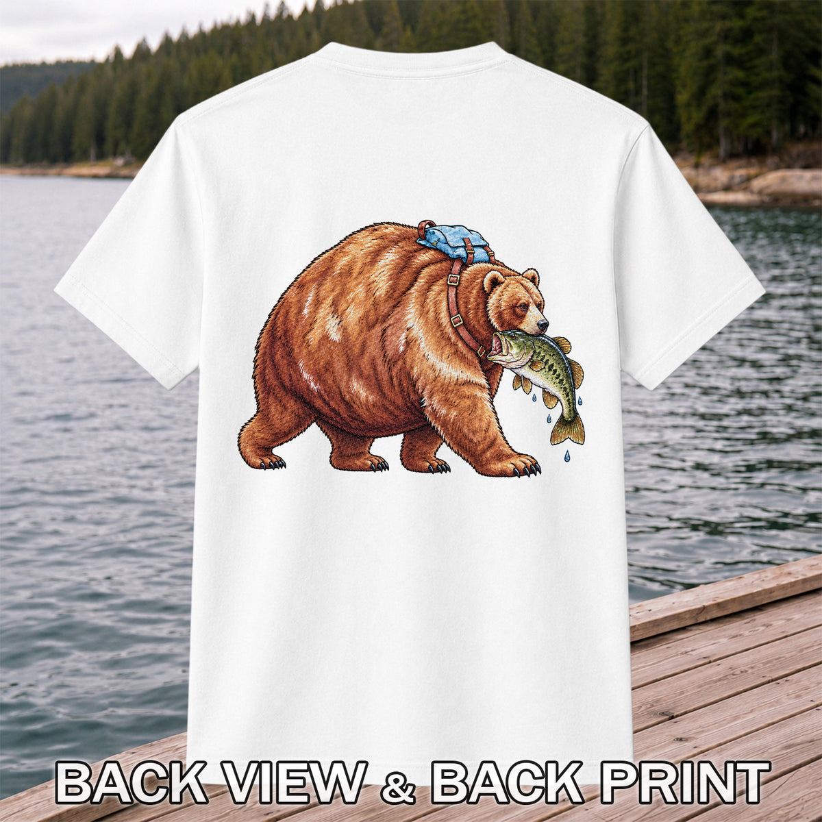Bear Carrying Bass Fishing Wildlife Graphic T-Shirt | Back Print