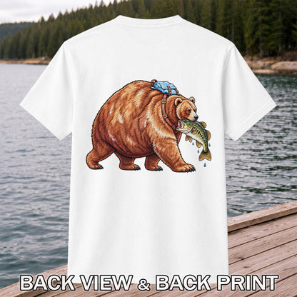 Bear Carrying Bass Fishing Wildlife Graphic T-Shirt | Back Print